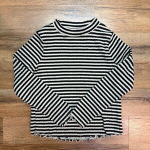 Girls' Black White Striped Lettuce Trim Sleeved Mock Neck TopCat & Jack 6x
